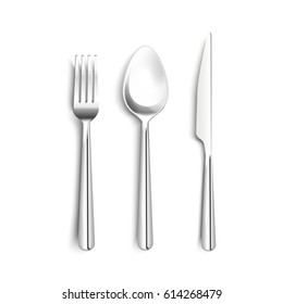 Metal shiny cutlery realistic set with knife fork spoon with black stripe on handle isolated vector illustration