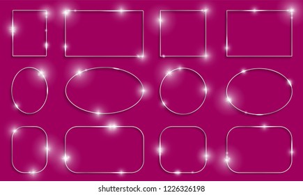 Metal shiny glowing frames set with shadows isolated on pink background. Pack of silver luxury realistic square, round, oval borders. Vector illustration