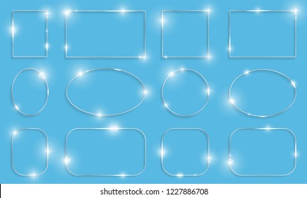 Metal shiny glowing frames set with shadows isolated on blue background. Pack of silver luxury realistic square, round, oval borders. Vector illustration