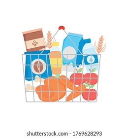 metal shopping bag with grocery products and vegetables over white background, detailed style, vector illustration