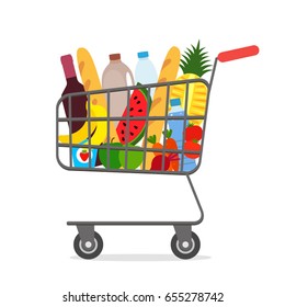 Metal shopping cart full of groceries products. vector illustration in flat style.
