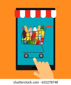 Metal shopping cart full of groceries products. Concept of ordering food at home. vector illustration in flat style.