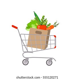 Metal shopping cart full of healthy vegetables. Vector illustration 