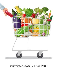 Metal shopping cart full of vegetables in hand. Farming fresh food, organic agriculture products. Onion, cabbage, pepper, pumpkin, cucumber, tomato and other vegetables. Vector illustration flat style