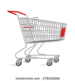 Carrito de compras de metal con elementos rojos.  Ilustración vectorial aislada en fondo blanco.