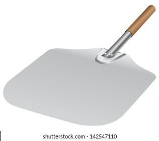 Metal shovel with wooden handle for baking. Vector illustration.