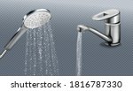 Metal shower head and tap with falling water isolated on transparent background. Vector realistic set of chrome sprinkler with hose and faucet with water spray. Equipment for douche and bath