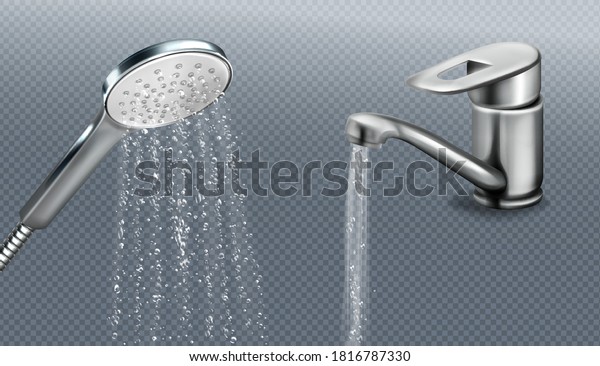 Metal shower head and tap with falling water\
isolated on transparent background. Vector realistic set of chrome\
sprinkler with hose and faucet with water spray. Equipment for\
douche and bath
