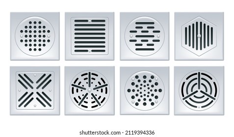 Metal shower sinks. Bathroom drain holes isolated, metallic drainage sink set, realistic showering water sewer, square chrome floor sewage drains vector illustration