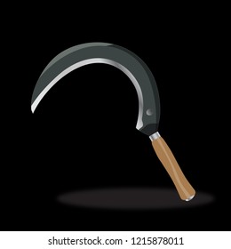 Metal Sickle with a Wooden Handle Vector Symbol Icon Design. Illustration of  Realistic Sickle isolated on black background. 