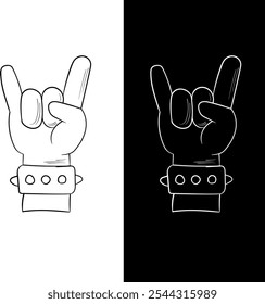 Uma arte minimalista de um gesto de mão rock-and-roll em preto e branco. Ótimo para temas de música e designs alternativos