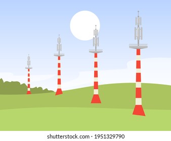 Metal signal transmission towers in field. S un, Wi-Fi, network flat vector illustration. Communication and connection concept for banner, website design or landing web page