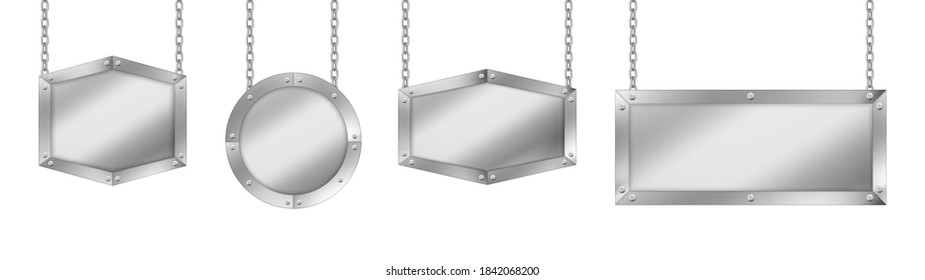 Metal signboards different shapes, board with steel frame hanging on chains. Vector realistic set of blank silver signs, advertising banners with rivets isolated on white background