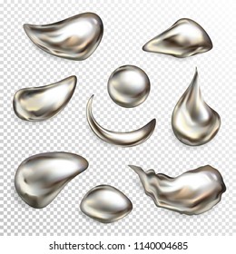 Metal silver droplets vector illustration of realistic 3D liquid quicksilver with pearl texture. Isolated abstract shapes of chrome ball and metallic drops for jewelry design