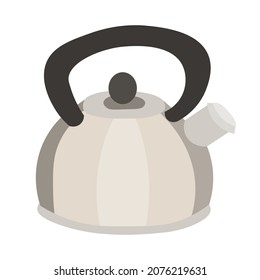 metal silver kettle with handle for boiling water, teapot for tea and coffee. Illustration of drawing of kitchen utensils, hand-drawn illustration in vector