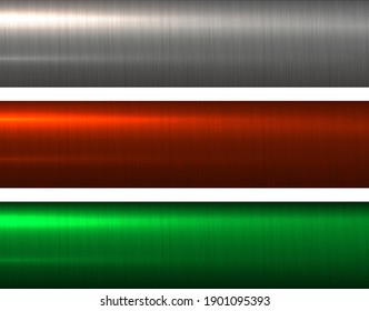 Metal silver red and green textures, shiny brushed metallic backgrounds, vector illustration.