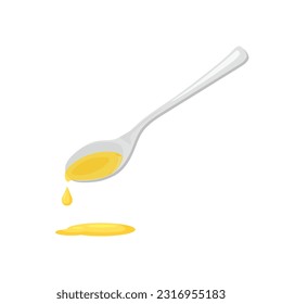 Metal silver spoon full of oil. Teaspoon with mustard or olive oil. Vector illustration isolated on white background.