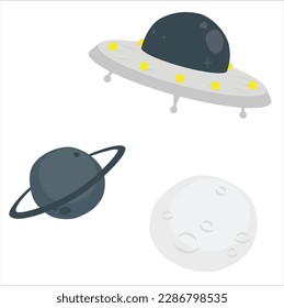 Metal and silver vintage UFO, Moon, Saturn. isolated vector illustration