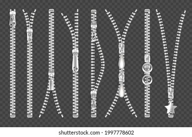 Metal silver zippers or zip fastener set. Vector clasp locker with silver puller and teeth rows, open and closed. Realistic apparel elements, sewing accessory or item. Zip icons.