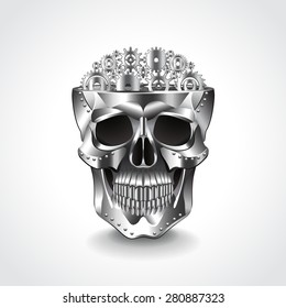Metal skull, brain from gears photo realistic vector illustration