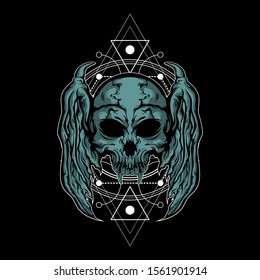 metal skull illustration with sacred geometry
