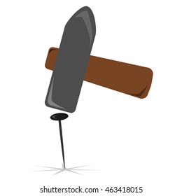 Metal sledge hammer is driving a nail. Isolated vector illustration.