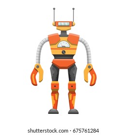 Metal solid humanoid robot with antennae, speed indicator and round switcher isolated cartoon vector illustration on white background.