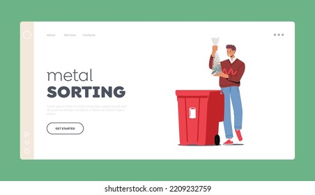 Metal Sorting Landing Page Template. Young Man Throw Bag with Metal Litter into Recycle Trash Bin on Street. Ecology Protection, Recycling and Separation of Garbage. Cartoon Vector Illustration