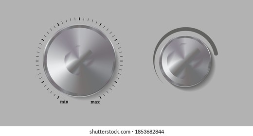 Metal sound knobs. Volume control. Realistic vector illustration.