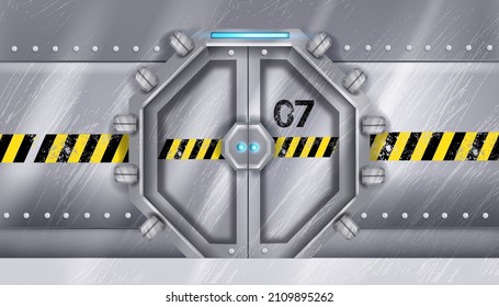 Metal Spaceship Door, Steel Sliding Portal, Vector Silver Futuristic Laboratory Gate, Shuttle Room Entrance. Sci-fi Game Background Military Aluminum Closed Safe Doorway. Submarine Metal Tech Door