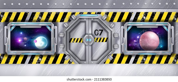 Metal Spaceship Door, Vector Futuristic Laboratory Gate, Rocket Window View, Alien Planet, Stars, Galaxy. Danger Zone Spacecraft Background, Chrome Shuttle Entrance, Hallway Scene. Metal Lab Door