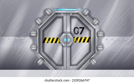 Metal Spaceship Door, Vector Silver Futuristic Laboratory Gate, Steel Sliding Portal, Shuttle Room Entrance. Military Aluminum Closed Safe Doorway, Sci-fi Game Background. Submarine Metal Tech Door