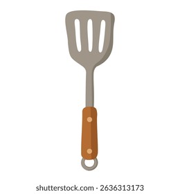 Metal spatula with wooden handle and loop, drawn in flat cartoon vector style.