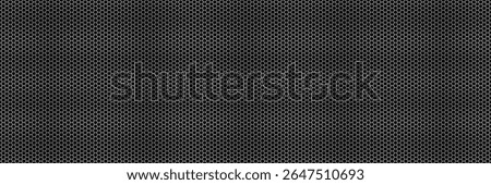 Metal speaker mesh seamless bg with black backdrop. Chrome perforated metal background on black. Honeycomb doles on aluminum sheet. Vector illustration