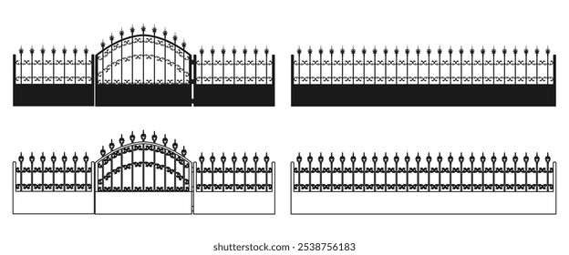 metal spears fence with gate. vector illustration isolated on white background.