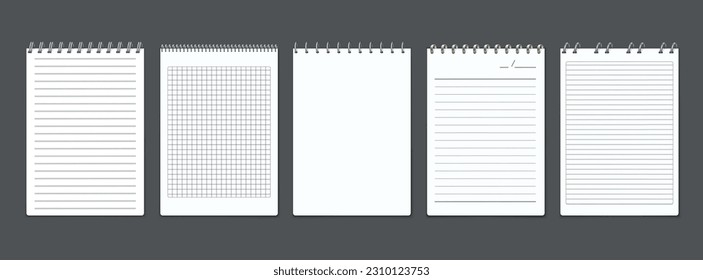 Metal spiral binders notebooks realistic set with isolated views of flipping notebooks ruled with lines squares vector illustration