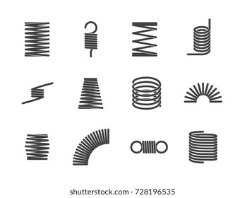 Ícones de mola elástica de arame flexível em espiral de metal isolados no fundo branco. Ilustração vetorial