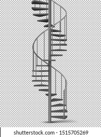 Metal spiral, helical staircase on pillar with tube railings and wooden stairs 3d realistic vector illustration isolated on transparent background. House interior, building exterior design element