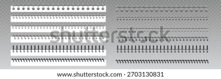 Metal spiral ring binder for notebook with coils and wire binding elements. White rectangular paper strips with silver and black metal springs in various styles. Office stationery document bounds.