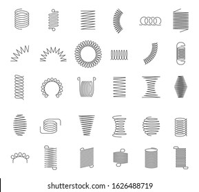 Metal spiral spring. Metallic coils, motor machine spiral sign, wire springs and steel curved flexible coils. Linear spirals silhouette isolated vector industrial twisted icons set