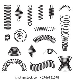 Metal spirals set. Flexible spring, industrial coil, springy curve. Vector illustrations for compression, equipment, engineering topics