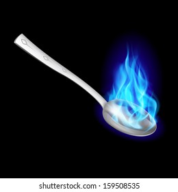 Metal spoon with blue fire on black background.  