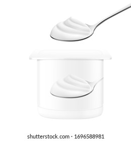 Metal spoon with creamy foam and yogurt packaging mockup. Vector illustration isolated on white background. Ready for use in your design. EPS10.	
