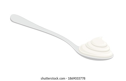 Metal spoon with greek yogurt, sour cream or whipped cream isolated on white background. Dairy based dessert or souce. Vector illustration.