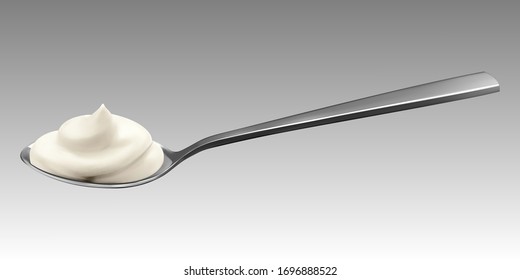 Metal spoon with yogurt or cream. Vector realistic illustration isolated on grey background.