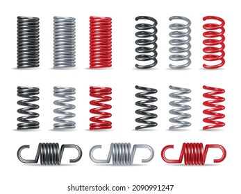 Metal spring bright realistic set with swirls isolated vector illustration