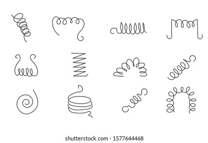 Metal spring. Elastic items for watches, clockwork toys, mechanical engineering, metal spirals and linear spirals of silhouette. Vape or machine steel coil, twisted part. Icon set isolated
