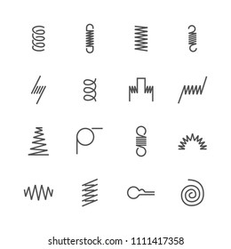 Metal spring flat line icons. Variety of flexible coil, elastic steel wire types. Thin signs flexibility property. Pixel perfect 48x48, Editable Strokes.