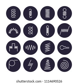 Metal spring flat line icons. Variety of flexible coil, elastic steel wire types. Thin signs in circle background, flexibility property. Editable Strokes.