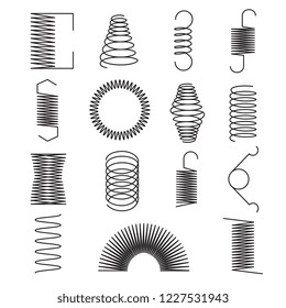 Metal spring icons. Flexible spiral lines, steel wire coils isolated vector symbols